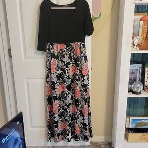 Dunea SzXL cotton Floral Black cotton 3/4 sleeve scoop neck Maxi Dress